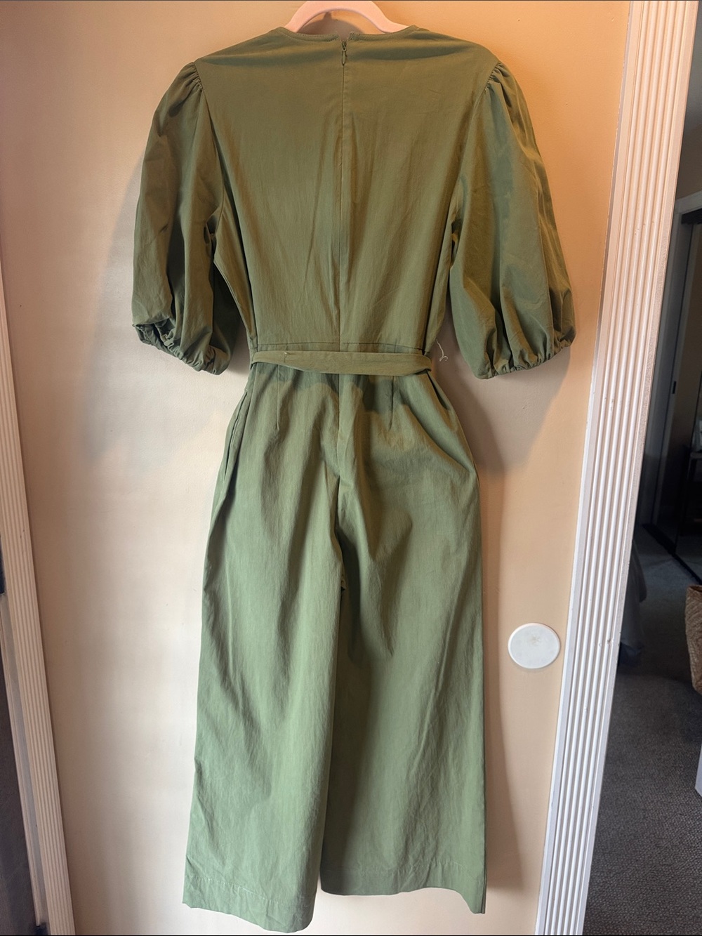 Rebecca Taylor Moss Green Puff Sleeve Jumpsuit with Back Zip - Picture 6 of 10